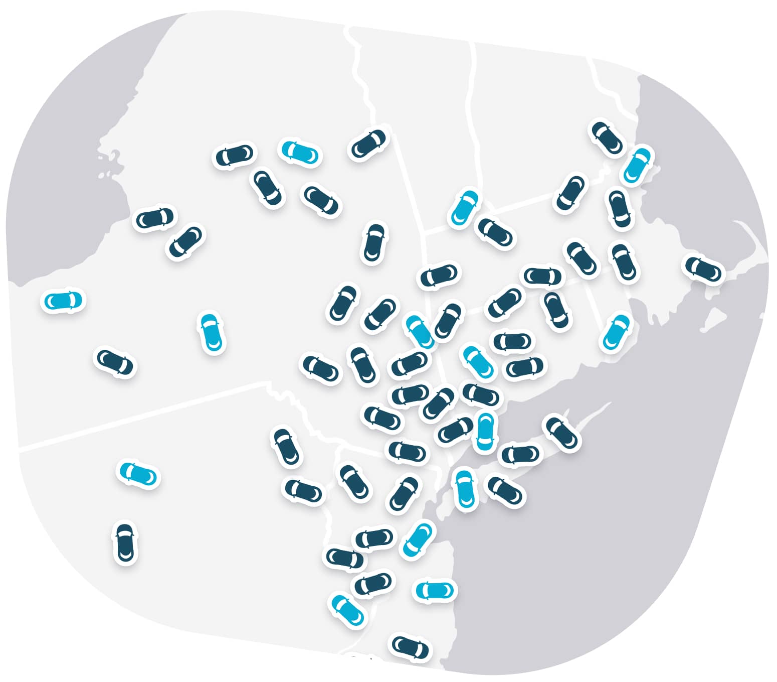 A map with numerous car icons indicating the locations of carGO Health medical couriers across a region.